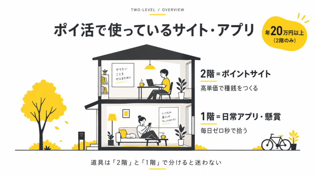 【全部公開】ポイ活で私が使っているサイト・アプリ｜「2階建て」で選べば迷わない